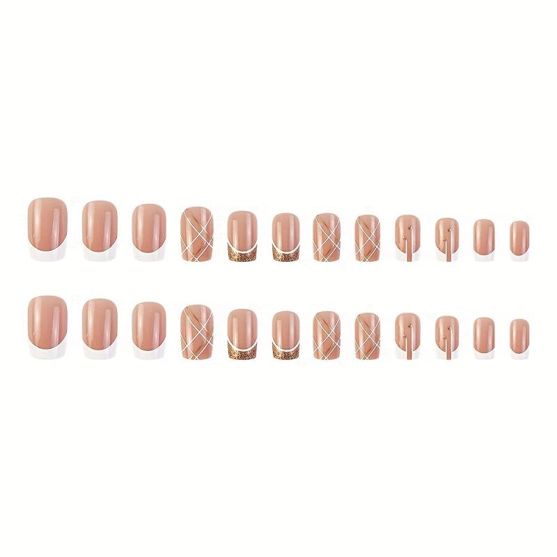 24pcs Glitter Press On Nails with Line + Nail File & Glue