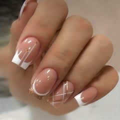 24pcs Glitter Press On Nails with Line + Nail File & Glue