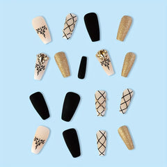 24 pcs Golden Glitter Coffin Press On Nails with Rhinestones and Plaid