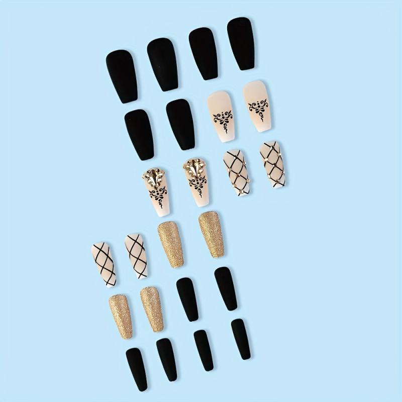 24 pcs Golden Glitter Coffin Press On Nails with Rhinestones and Plaid