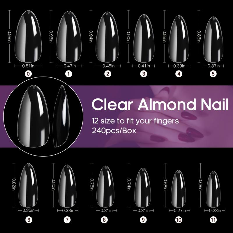 Almond Nail Tips 240 Pcs Clear Gel Short Full Cover Press On Nails