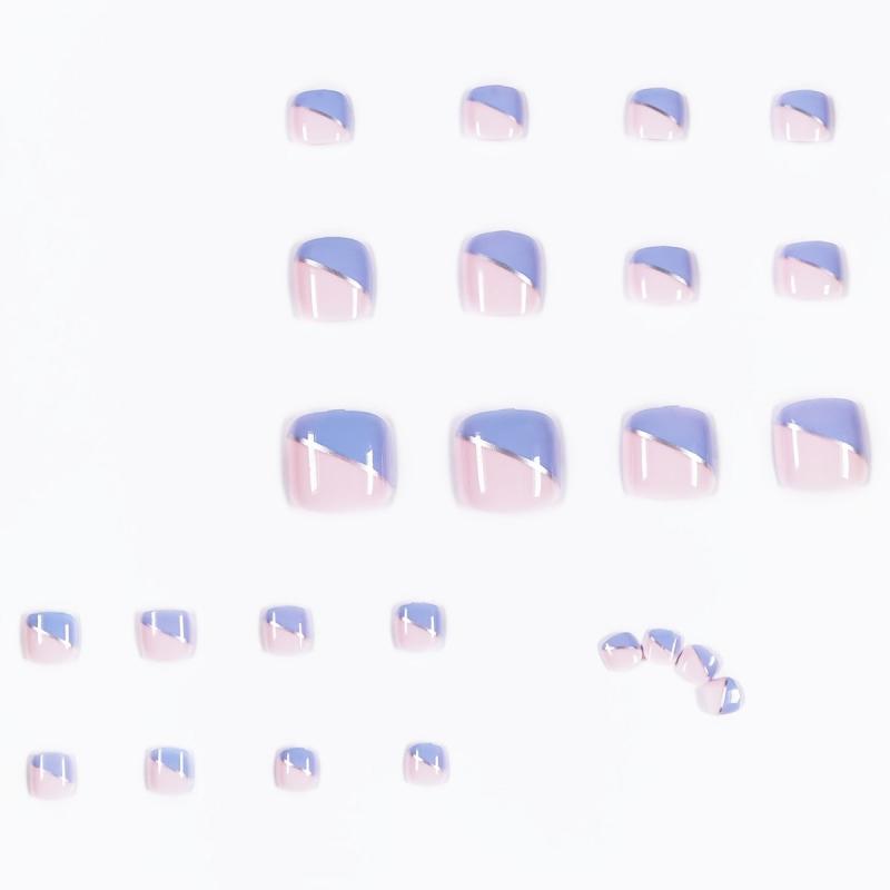 24pcs Pink Acrylic Press On Toenails Silver Ribbon Tips