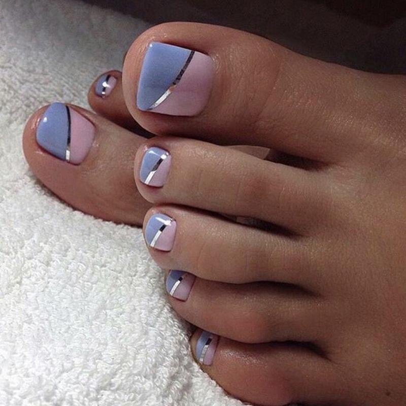 24pcs Pink Acrylic Press On Toenails Silver Ribbon Tips