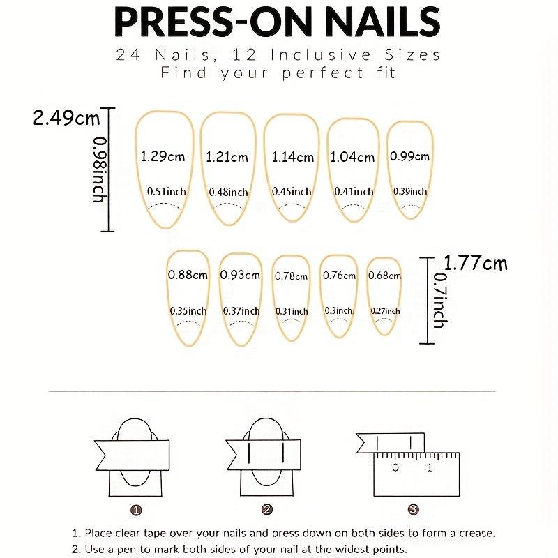 24 pcs Colorful French Almond Press On Nails with Golden Lines for Women