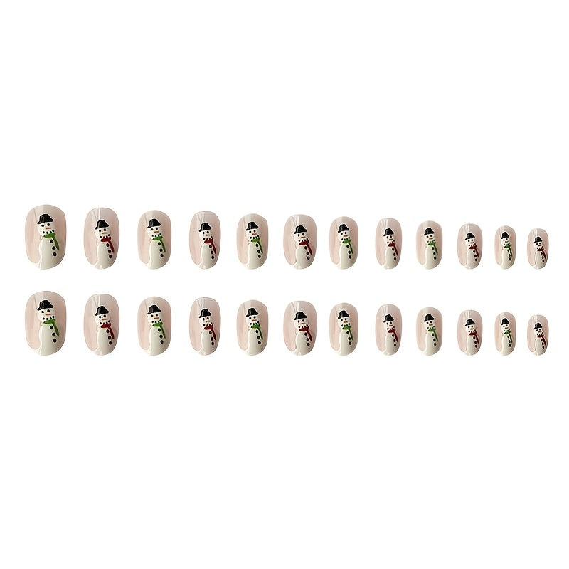 Xmas Snowman Glossy False Nails Short Nude Pink