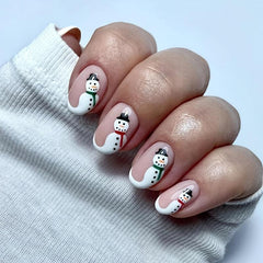Xmas Snowman Glossy False Nails Short Nude Pink
