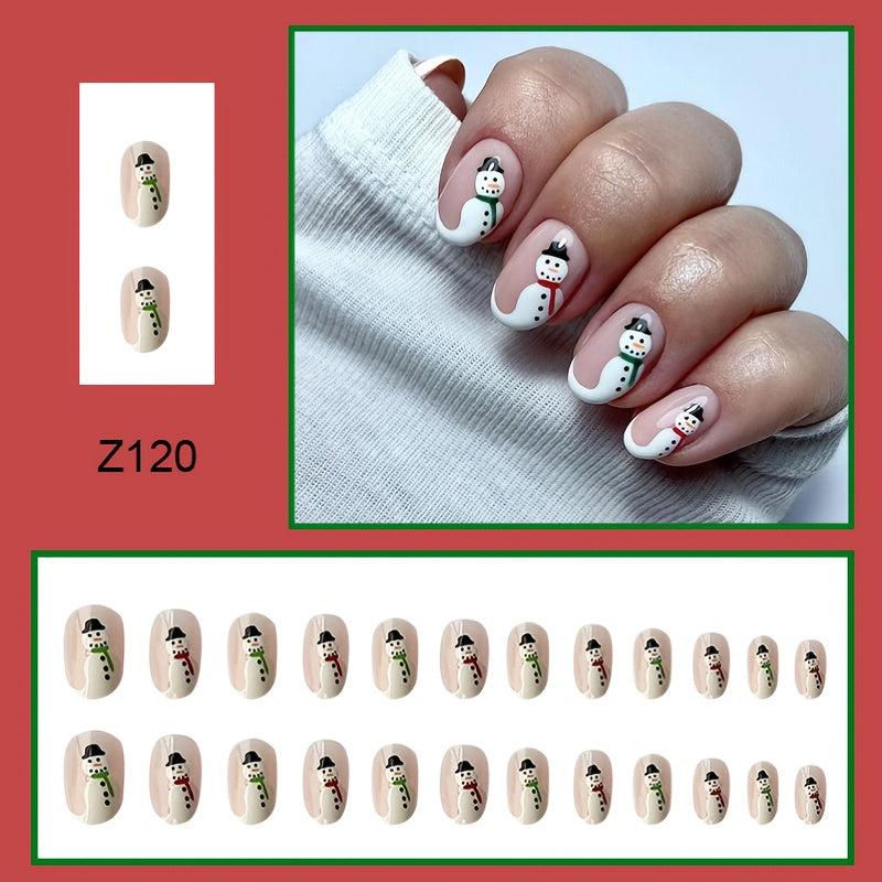 Xmas Snowman Glossy False Nails Short Nude Pink