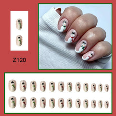 Xmas Snowman Glossy False Nails Short Nude Pink