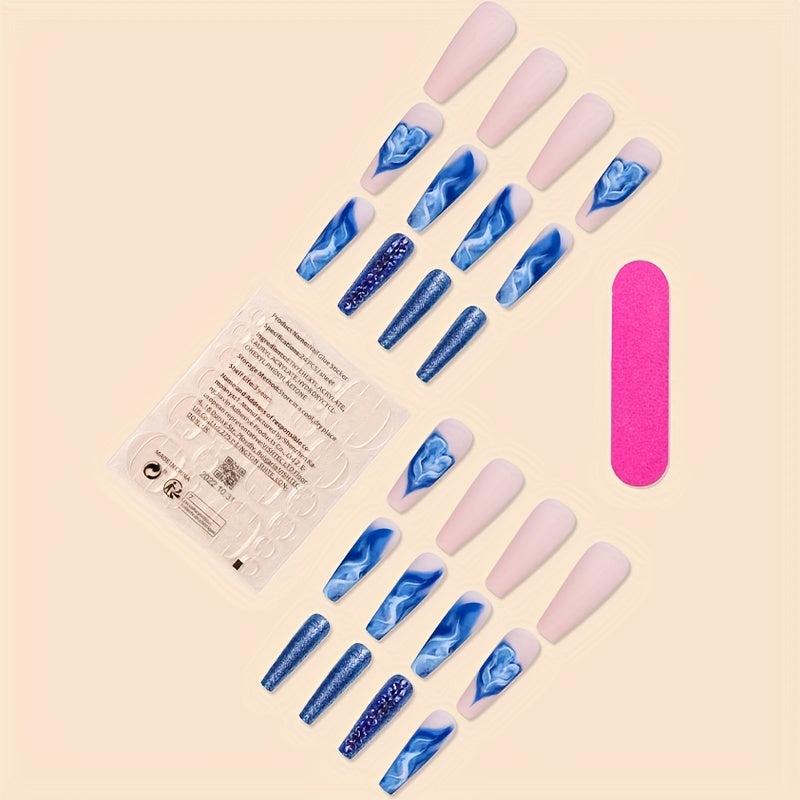 24pcs Long Gradient Press On Nails with Rhinestones