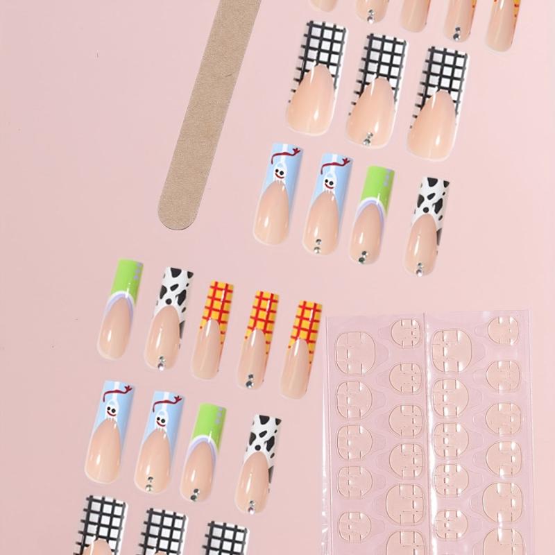 24pcs Plaid Cow Print Press On Nails with Rhinestones Coffin False Nails