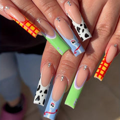24pcs Plaid Cow Print Press On Nails with Rhinestones Coffin False Nails