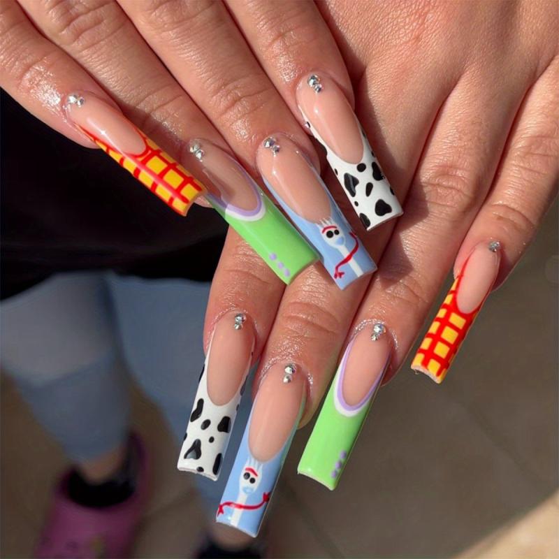 24pcs Plaid Cow Print Press On Nails with Rhinestones Coffin False Nails