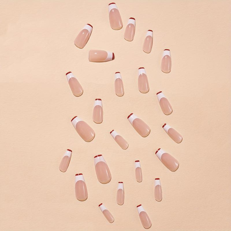 24pcs French Press On Nails Red Tips Medium Coffin False Nails for Women Girls