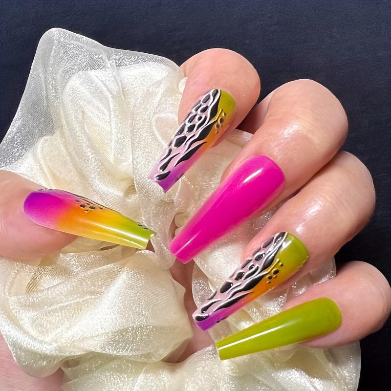 96 Pcs Leopard Flower Press On Nails Set Pink Purple