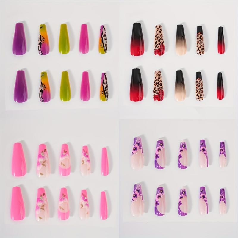 96 Pcs Leopard Flower Press On Nails Set Pink Purple