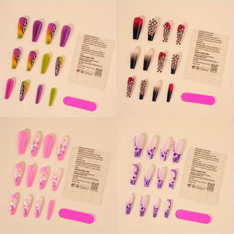 96 Pcs Leopard Flower Press On Nails Set Pink Purple