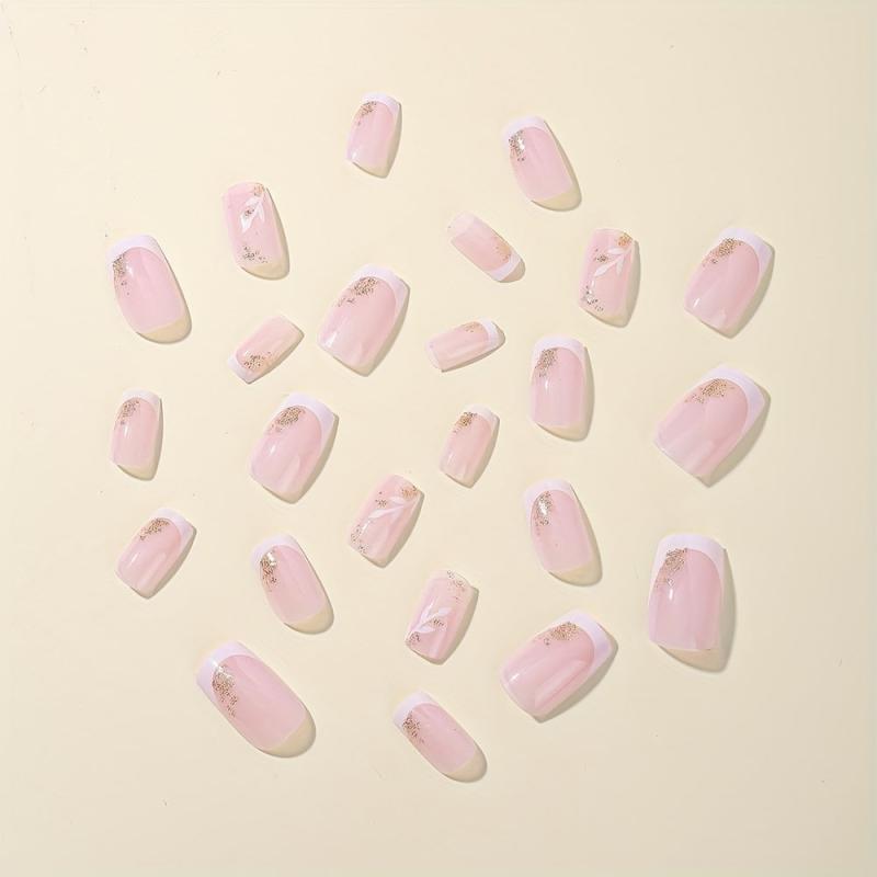 French Tip Press On Nails with Heart Leaves & Glitter Set