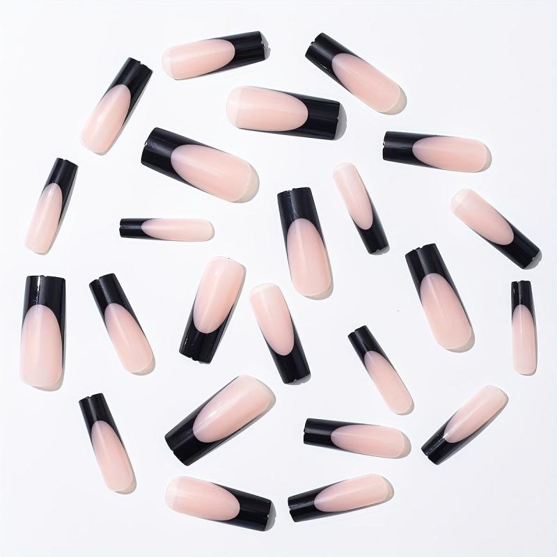 24pcs Glossy French Tip Press On Nails Long Coffin False Nails