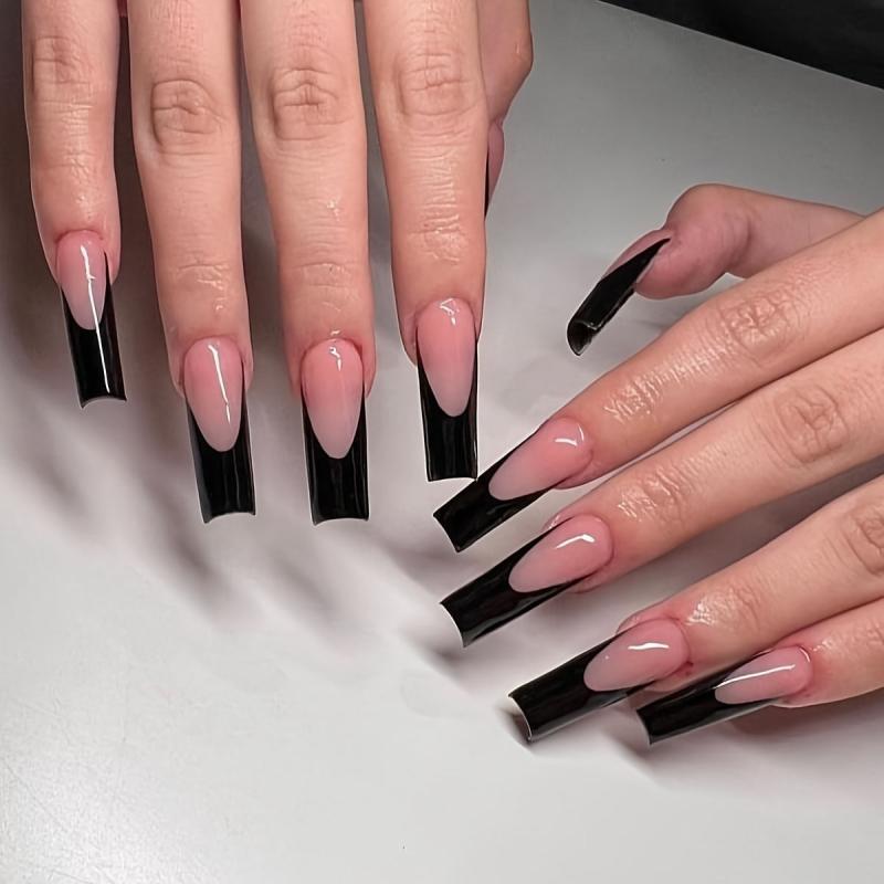 24pcs Glossy French Tip Press On Nails Long Coffin False Nails
