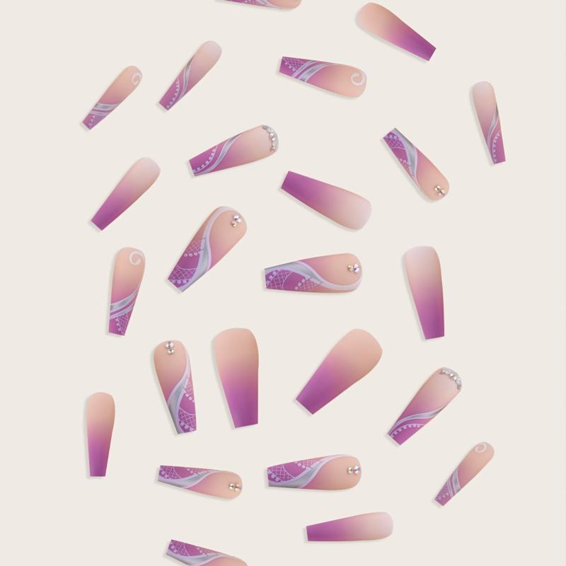 24 Pcs Gem Design Coffin Press On Nails Glue On for Women Nail Art