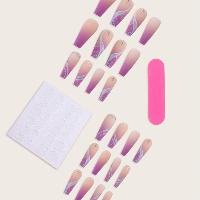 24 Pcs Gem Design Coffin Press On Nails Glue On for Women Nail Art