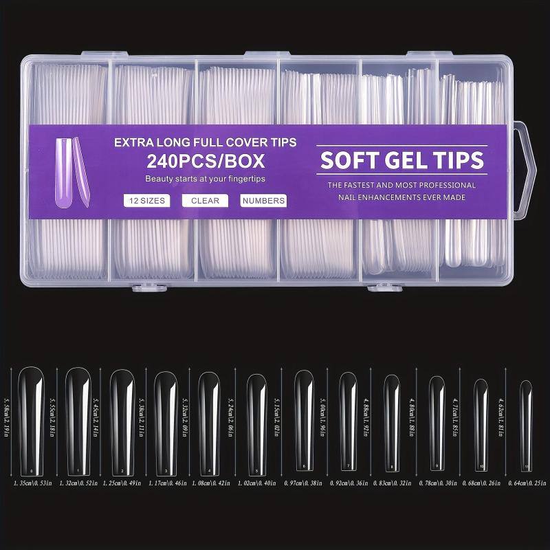 240pcs Long Coffin Gel Nail Tips Set Clear Acrylic Press On Nails