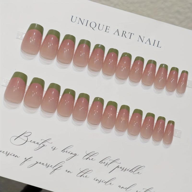 24pcs Nude Pink Green French Tips Coffin False Nails