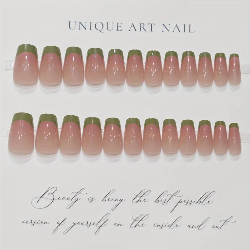 24pcs Nude Pink Green French Tips Coffin False Nails
