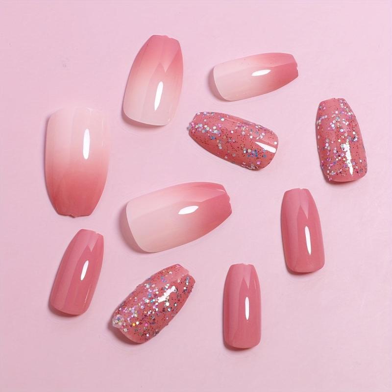 24pcs Gradient Silvery Glitter Glossy Press On Nails for Women