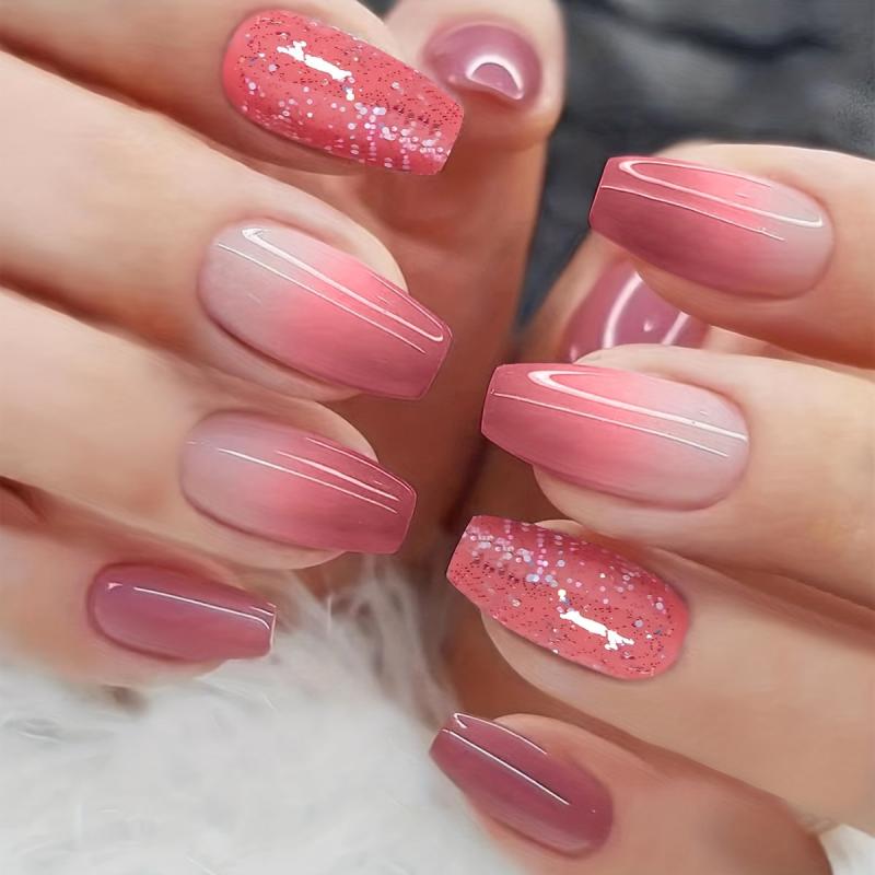 24pcs Gradient Silvery Glitter Glossy Press On Nails for Women