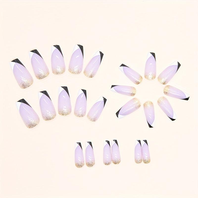 24pcs Golden Glitter Press On Nails Full Cover French False Nails
