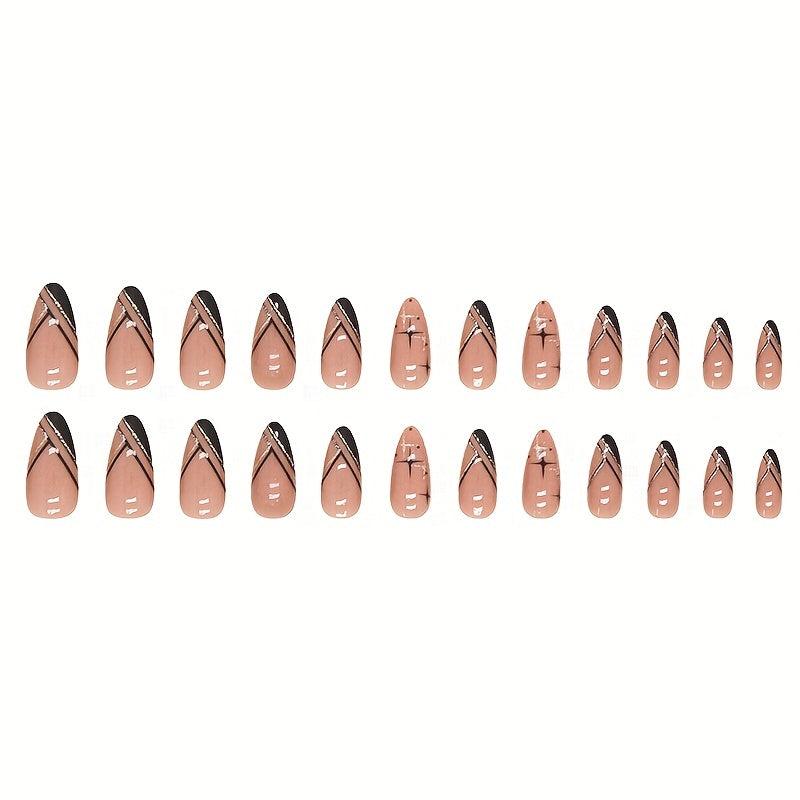 Medium Almond Press On Nails With Glitter Lines 24 Pcs