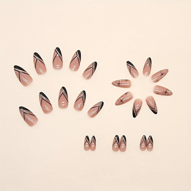Medium Almond Press On Nails With Glitter Lines 24 Pcs