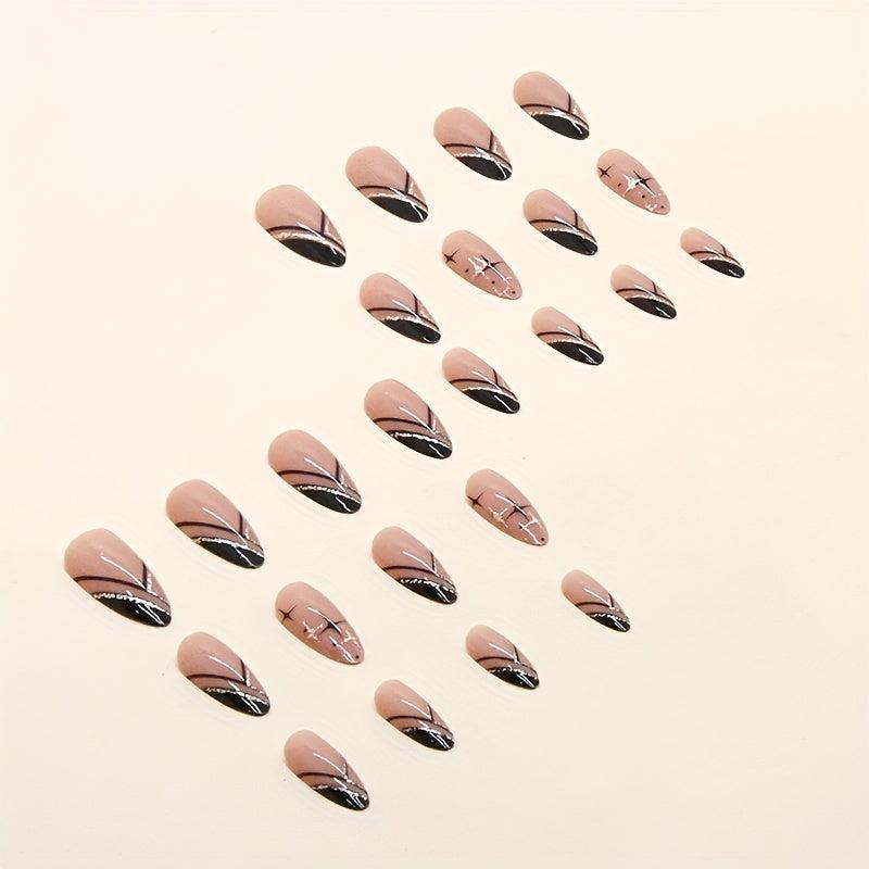 Medium Almond Press On Nails With Glitter Lines 24 Pcs