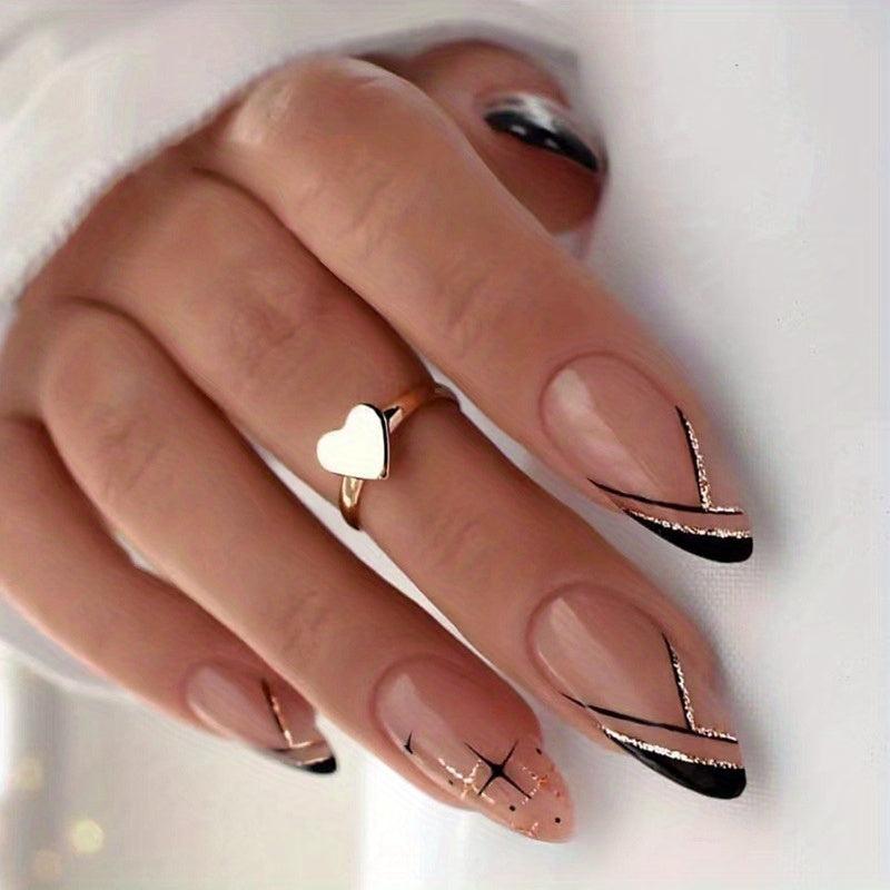 Medium Almond Press On Nails With Glitter Lines 24 Pcs