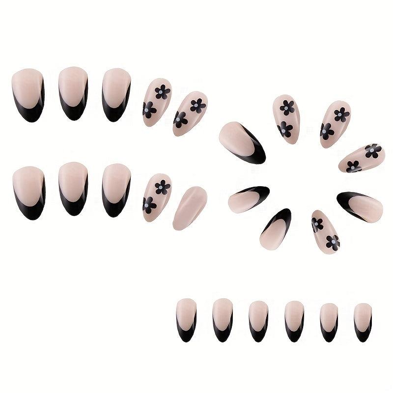 24pcs Retro Flower French Tip Press On Nails Nude False Nails for Women
