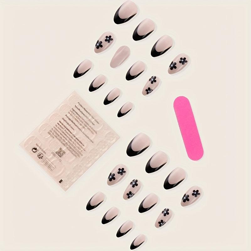 24pcs Retro Flower French Tip Press On Nails Nude False Nails for Women