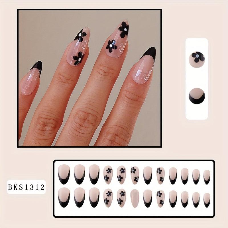 24pcs Retro Flower French Tip Press On Nails Nude False Nails for Women