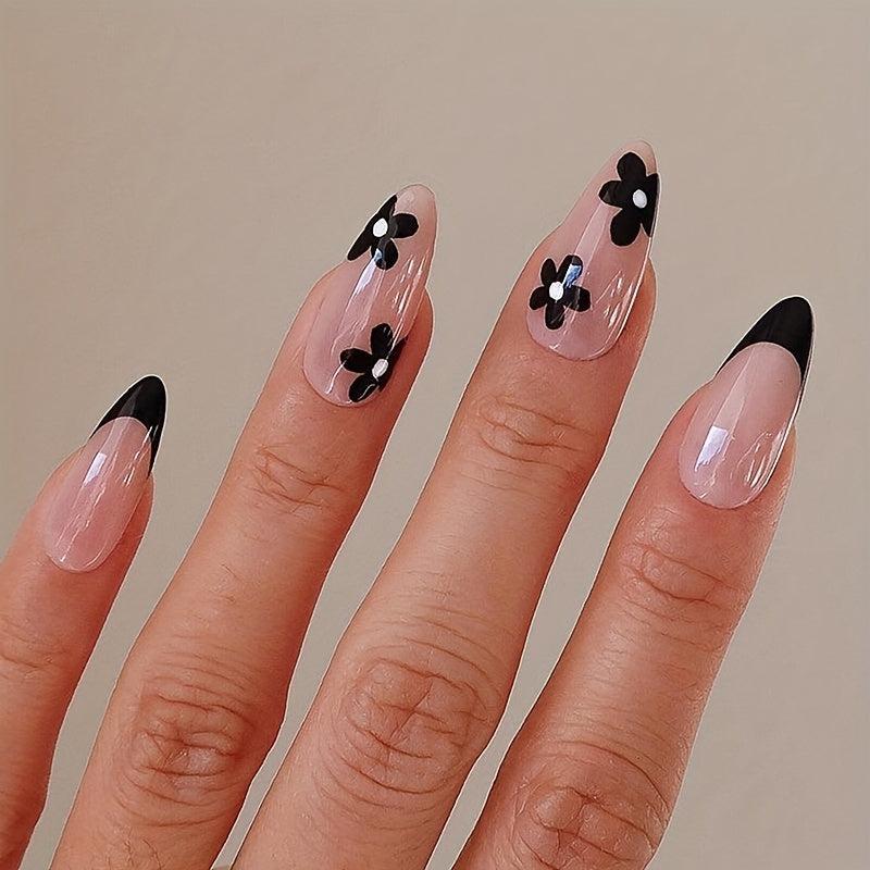 24pcs Retro Flower French Tip Press On Nails Nude False Nails for Women