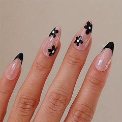 24pcs Retro Flower French Tip Press On Nails Nude False Nails for Women
