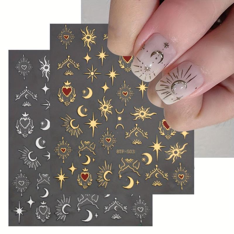 Golden Sun Moon Star Nail Art Stickers Self Adhesive 3D Decals DIY Decoration