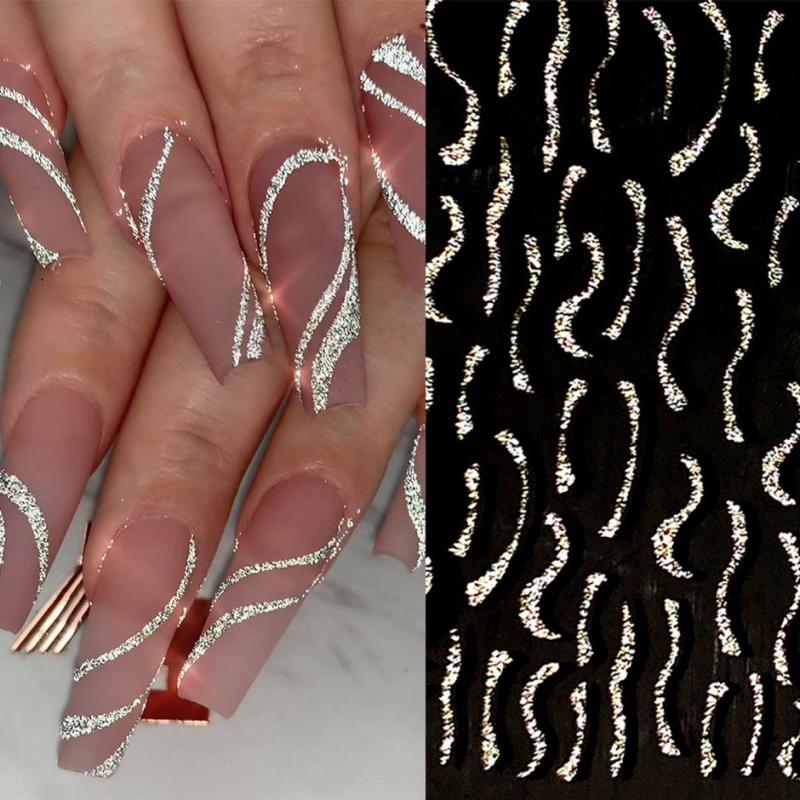 French 3D Nail Decals Stripes Silvery Glitter Stickers