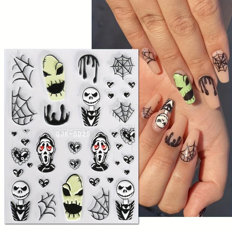 5D Embossed Halloween Nail Art Stickers - Skull Ghost Pumpkin Spider Bat Decals