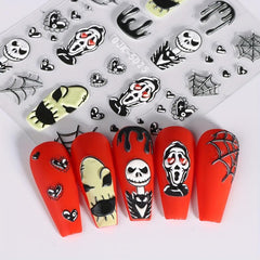 5D Embossed Halloween Nail Art Stickers - Skull Ghost Pumpkin Spider Bat Decals