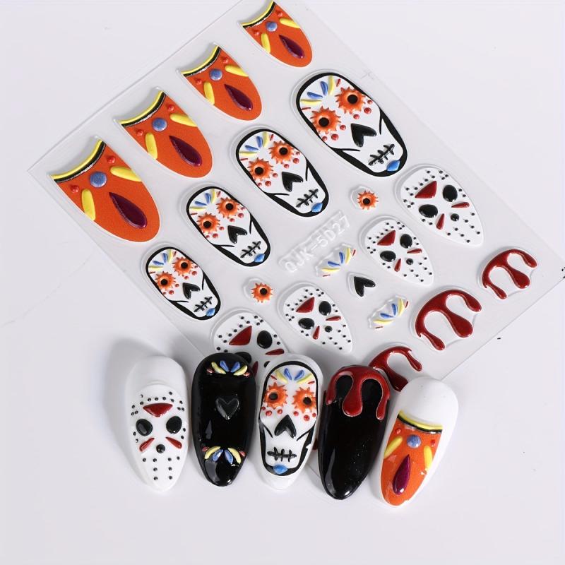 5D Embossed Halloween Nail Art Stickers - Skull Ghost Pumpkin Spider Bat Decals