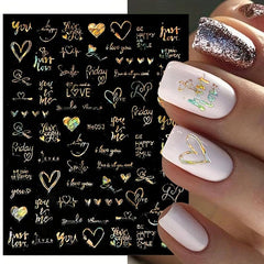 3D Holographic Laser Heart Nail Stickers Self Adhesive Decals