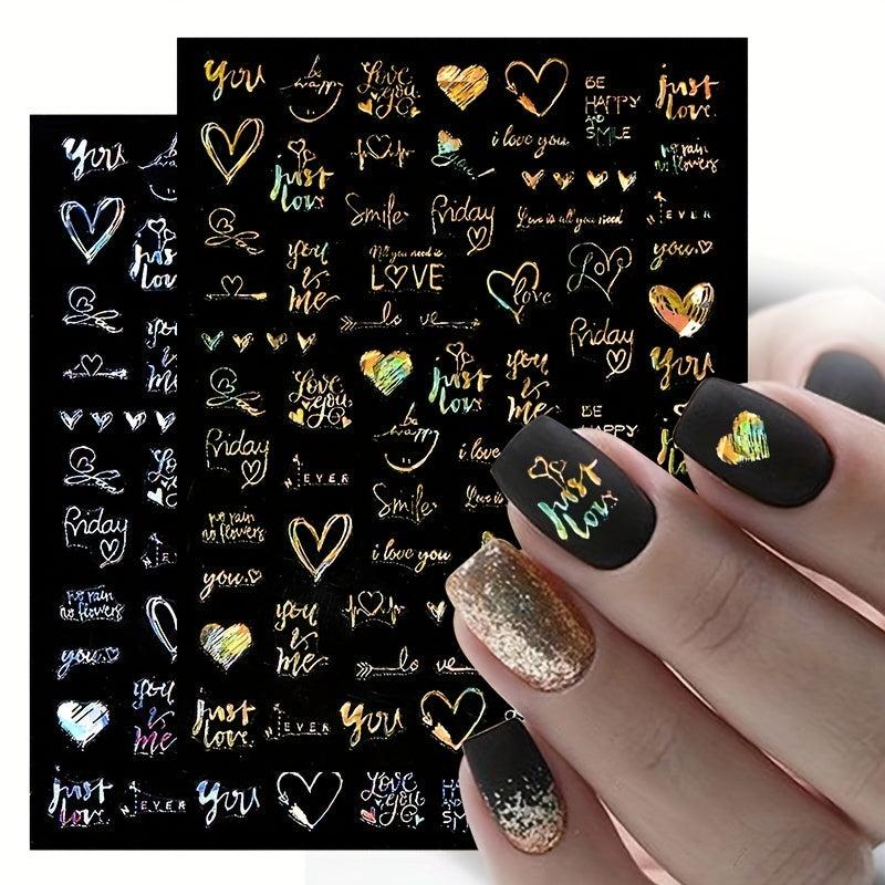 3D Holographic Laser Heart Nail Stickers Self Adhesive Decals