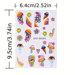 8 Sheets Mushroom & Geometric Nail Art Stickers for DIY Nail Decoration