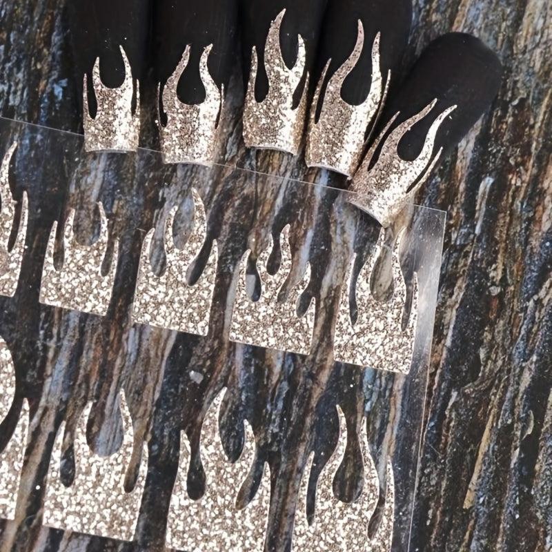Glitter Fire Nail Art Stickers 3D Holographic Flame Golden Silver