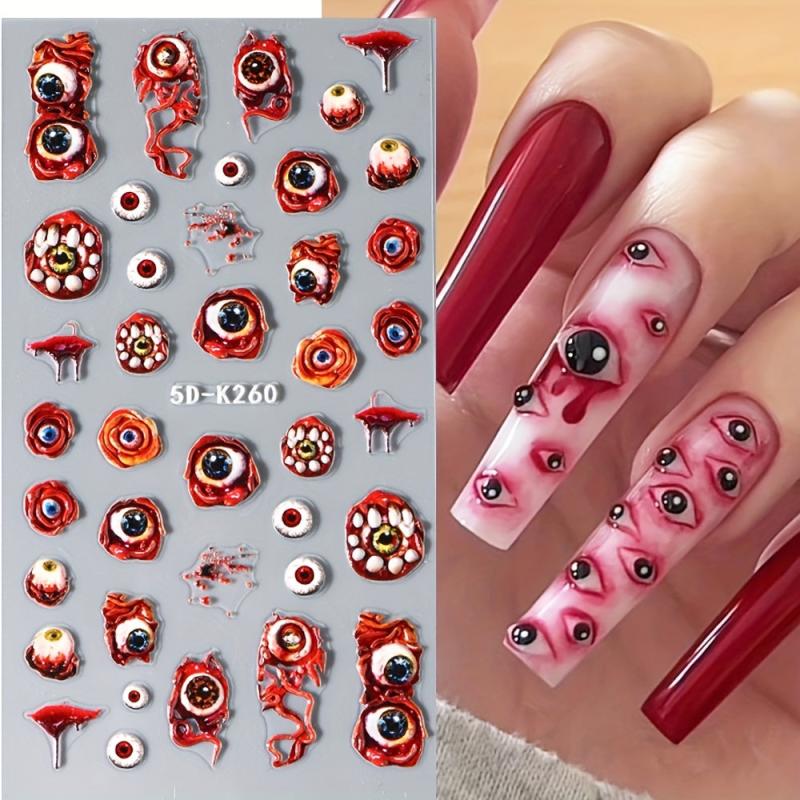 4 Sheets 5D Halloween Nail Art Stickers Evil Eyes Spider Web Designs DIY